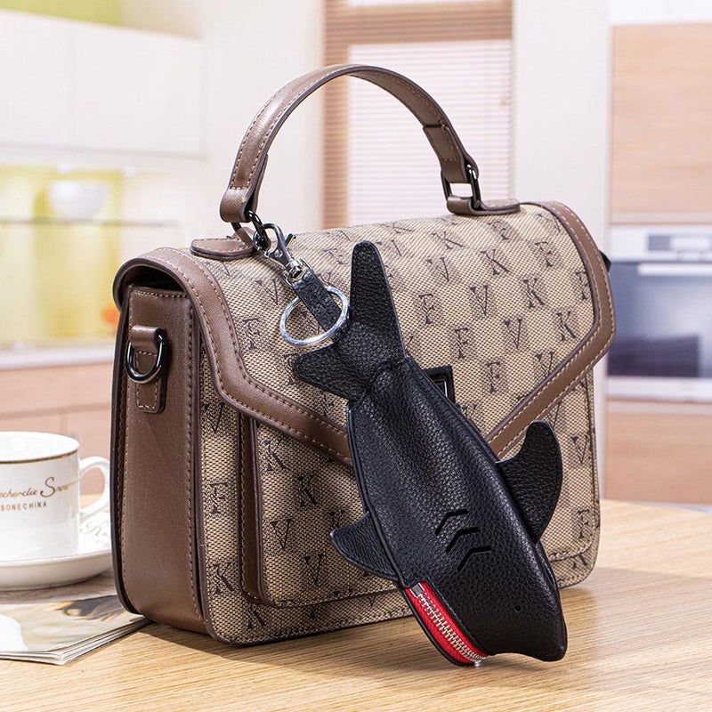 Shark Shaped Key Case - Genuine Leather Car Key Protective Bag with Zipper and Hook, Capacity Keychain for Adult (Red) - Image 5